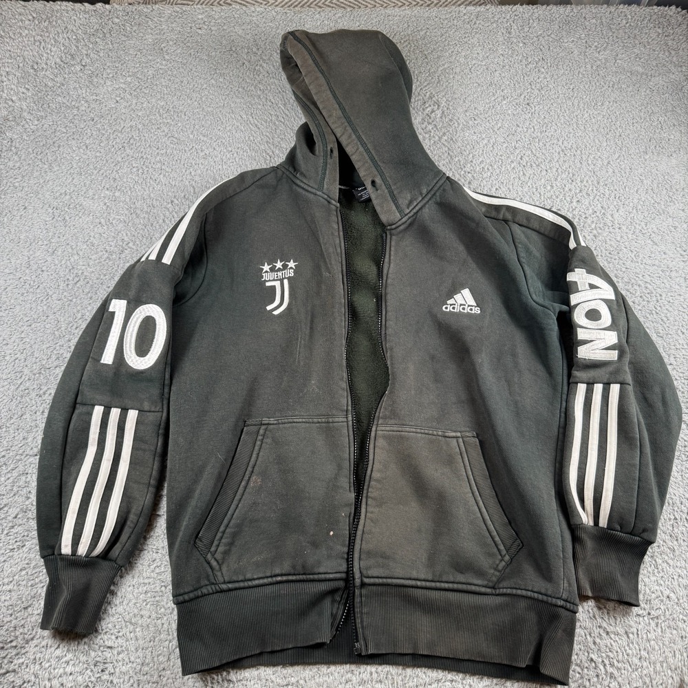 Adidas Juventus AON #10 Jacket Mens Large Black Full Zip Hooded Logo *Flaws*